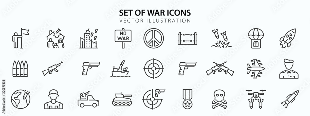 War web icons in line style. Army, battle, conflict, military, missile, refugees, bomb, tank, collection. Vector illustration.