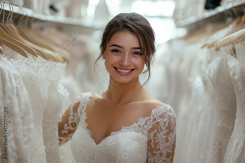 Beautiful woman choosing a wedding dress in a wedding dress shop photo