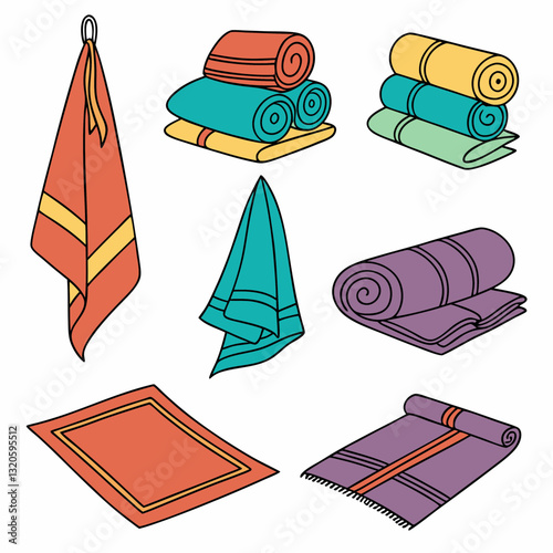 Collection of bath towels and mats in various colors and arrangements
