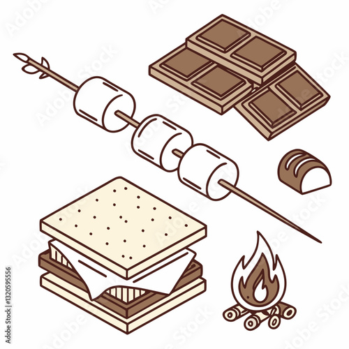 Isometric S'mores Illustration with Marshmallows, Chocolate and Fire elements