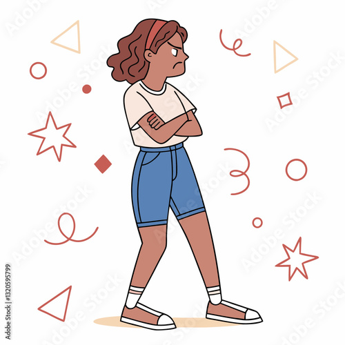 Irritated young woman with arms crossed, stylized surrounded by shapes