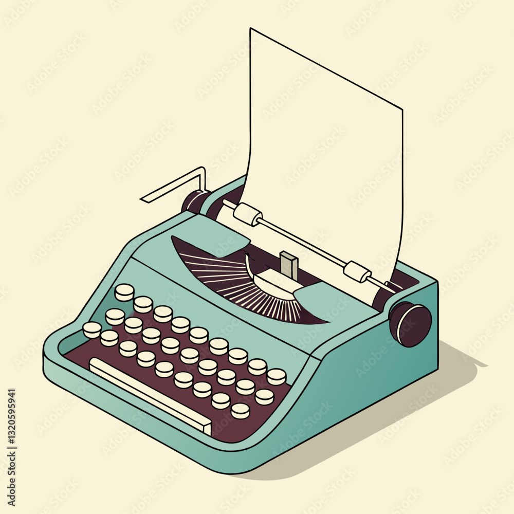Isometric illustration of vintage typewriter with paper on light background