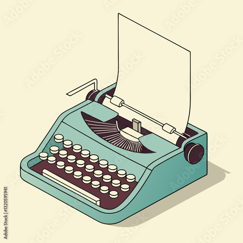 Isometric illustration of vintage typewriter with paper on light background
