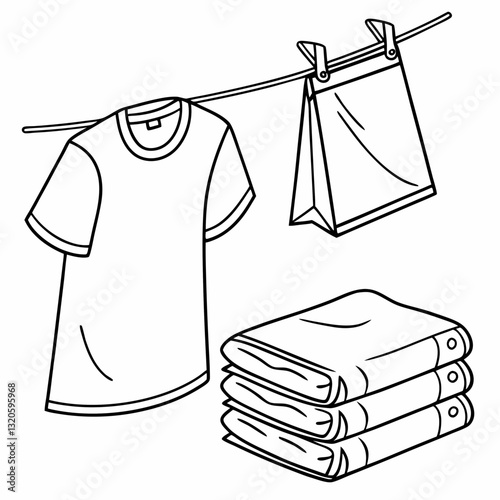 Simple black and white outline illustration of freshly laundered clothes drying