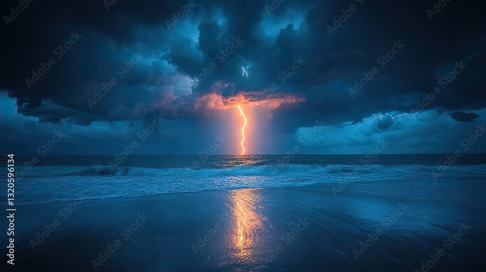 Obraz premium Bright lightning bolts illuminate a dark stormy ocean at night, a dramatic scene of nature's fury and raw power.