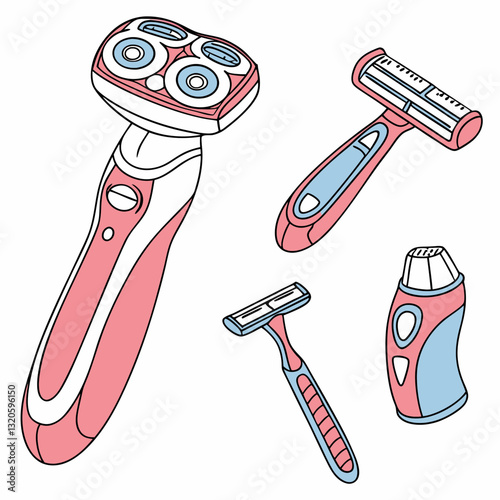 An assortment of pink and blue razors, illustrating various shaving tools