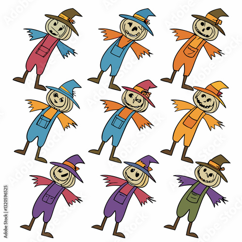 Seamless Pattern of Colorful Cartoon Scarecrows for Halloween Fun