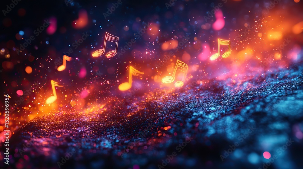 Bright music notes float on a dark textured background, creating a vibrant musical concept for music projects.