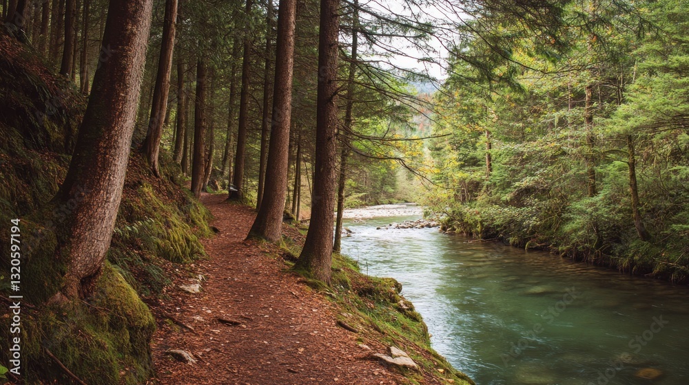 Obraz premium Tranquil forest path beside clear river, inviting nature walk experience
