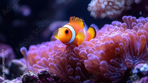 Bright orange clownfish swims in colorful anemone, a vibrant underwater scene illuminated by sunlight.