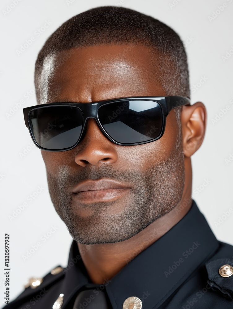Fototapeta premium Serious black male police officer wearing sunglasses stands confidently against a white background