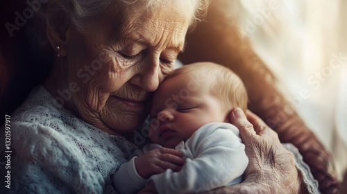 Elderly grandmother holding her newborn grandchild.