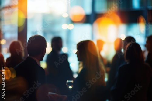 Corporate networking event with professionals engaging in conversations during an evening gathering