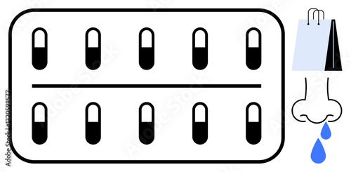 Blister pack of capsules beside nose with drop and shopping bag symbolizing medication for seasonal allergies or health issues. Ideal for healthcare, pharmacy, illness, remedies, treatment, wellness