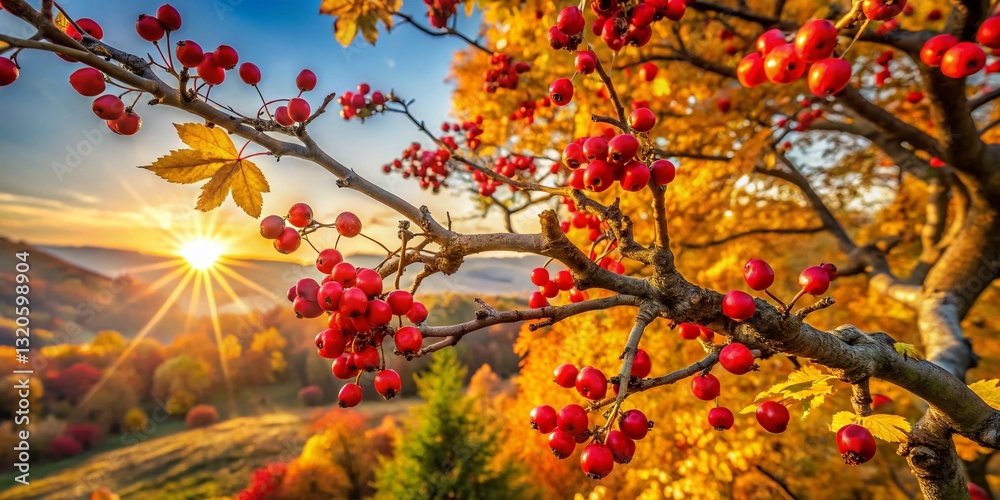 Aerial Drone Shot of Hawthorn Tree in Autumn, Vibrant Red Berries and Golden Leaves Aerial Drone Shot of Hawthorn Tree in Autumn, Vibrant Red Berries and Golden Leaves