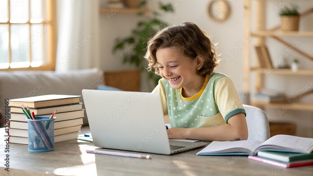 Online Learning: A young student engrossed in learning via laptop at home Online Learning: A young student engrossed in learning via laptop at home