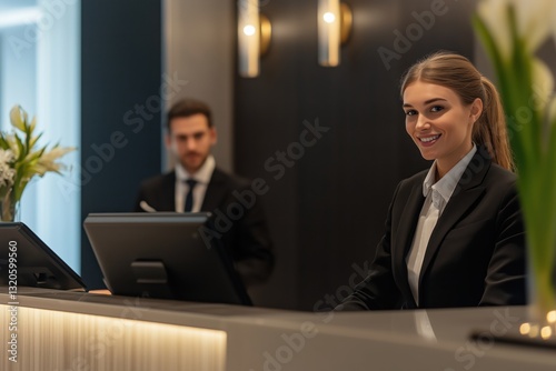 Professional hotel receptionist assists guest at modern desk with digital equipment in a polished environment