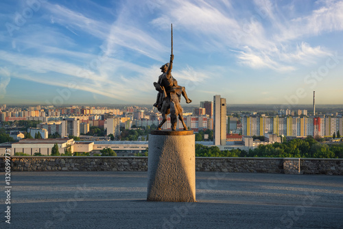 Canvas Print Bronze equestrian statue of king Svatopluk I at Bratislava Castle with scenic ci
