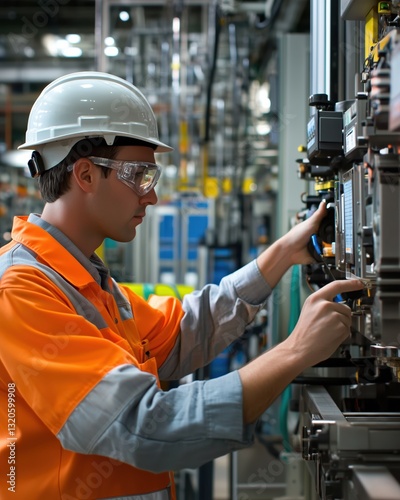 Manufacturing engineer adjusting machinery in factory to enhance production quality and efficiency