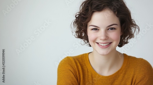 Wallpaper Mural Young woman smiling warmly, casual style, soft light, white background. Radiant simplicity and genuine joy.
 Torontodigital.ca