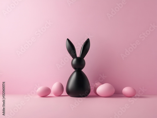 Minimalist black bunny with pink Easter eggs on pastel background Cute Easter Bunny illustration design, Easter Rabbit and Egg Blank Background, Copy Space, Space For Text