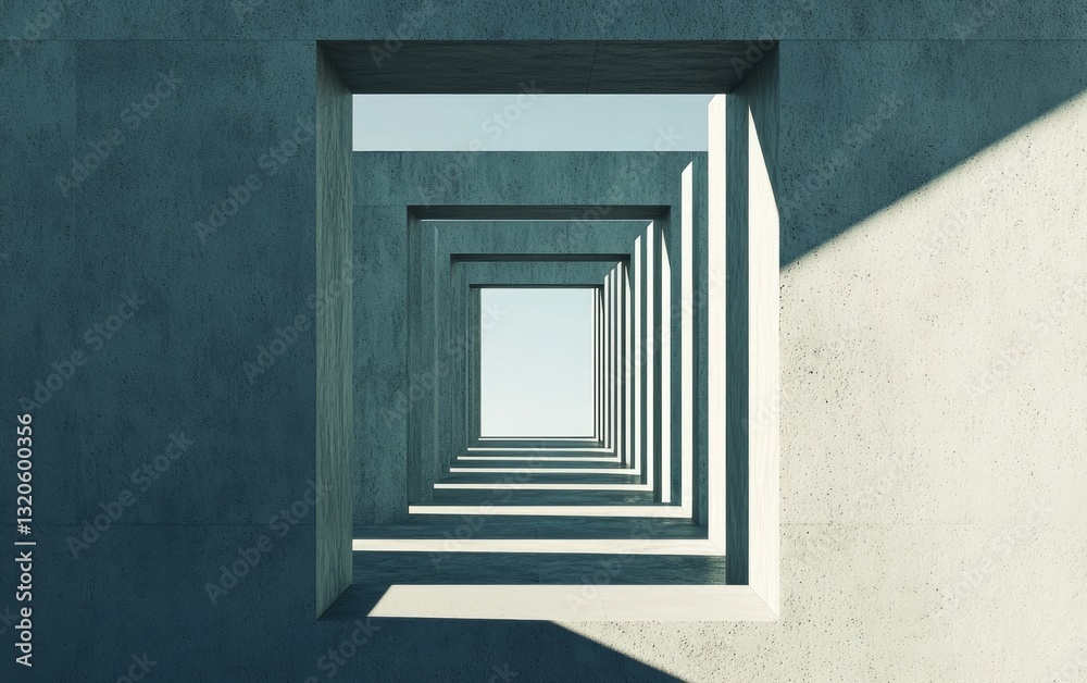 Abstract image of a receding perspective of concrete structures creating a tunnel-like effect with light and shadow. The image features a cool color palette, emphasizing the texture of the concrete Abstract image of a receding perspective of concrete structures creating a tunnel-like effect with light and shadow. The image features a cool color palette, emphasizing the texture of the concrete