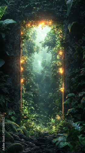 Mysterious glowing jungle portal surrounded by lush greenery, leading to an enchanted hidden world