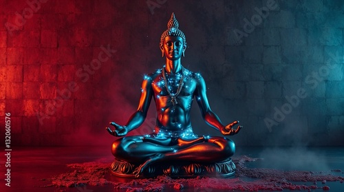 A meditating metal statue with red and green gradient lighting in the background.