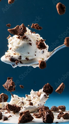 A spoonful of creamy vanilla ice cream topped with chocolate chunks, suspended mid-air against a blue background