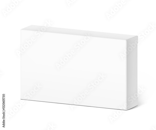 Realistic white closed paperboard box mockup. Vector illustration isolated on white background. Taking your 2D designs into 3D. Can be use for medicine, food, cosmetic and other. EPS10.