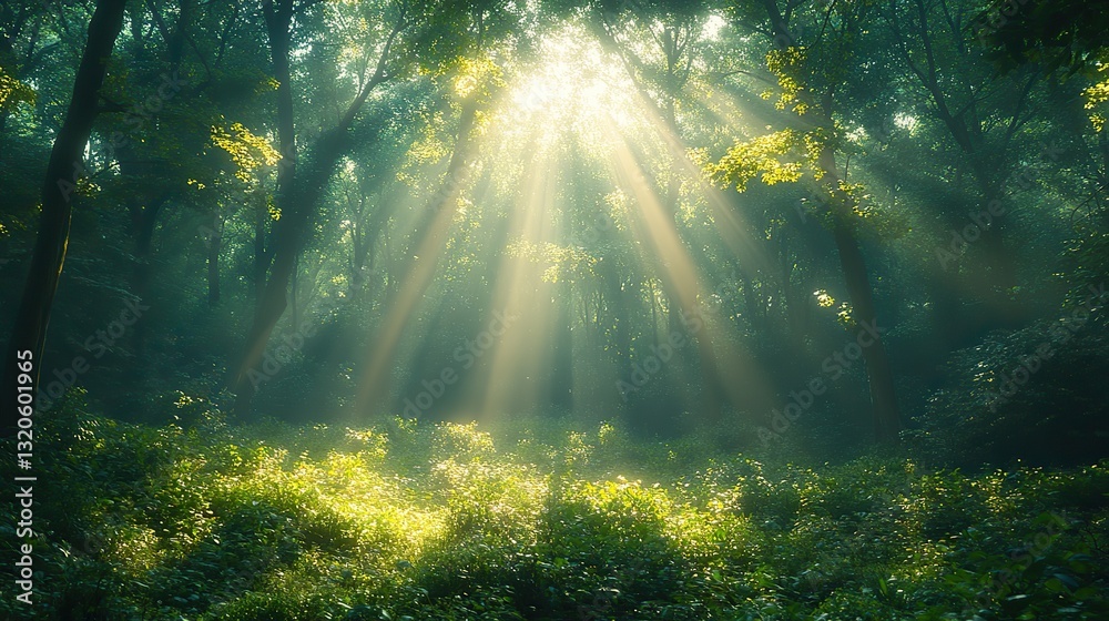 Obraz premium Bright sunlight through trees in a lush green forest creates a peaceful atmosphere and connection with nature.