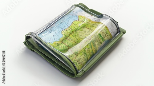 Detailed product shot of a waterproof hiking map inside a green case for outdoor navigation and exploration photo