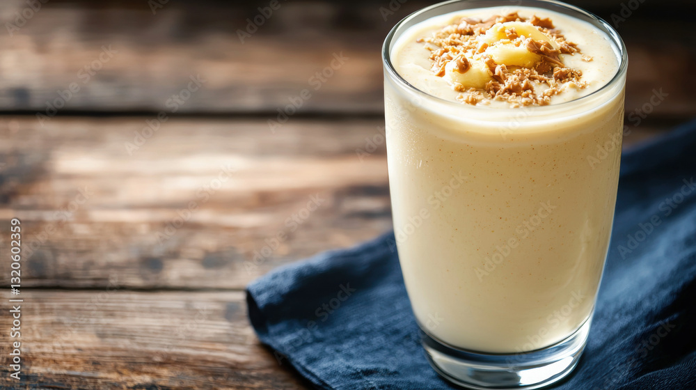 Refreshing glass of milk with a ripe banana perfectly placed next to it for a healthy snack or milkshake inspiration Refreshing glass of milk with a ripe banana perfectly placed next to it for a healthy snack or milkshake inspiration