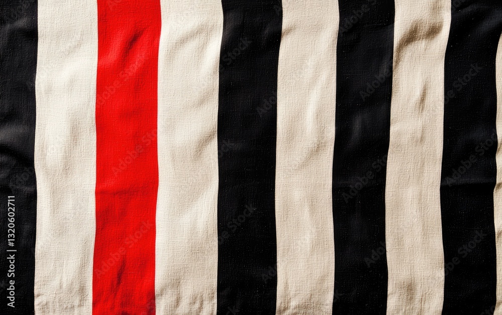 Abstract image of textured fabric with vertical stripes in red, white, and black. The fabric has a slightly worn or distressed look. Abstract image of textured fabric with vertical stripes in red, white, and black. The fabric has a slightly worn or distressed look.