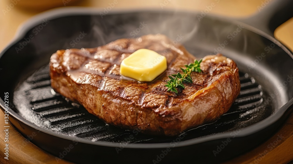 sizzling steak on a grill pan, with smoke rising and butter melting, warm lighting sizzling steak on a grill pan, with smoke rising and butter melting, warm lighting