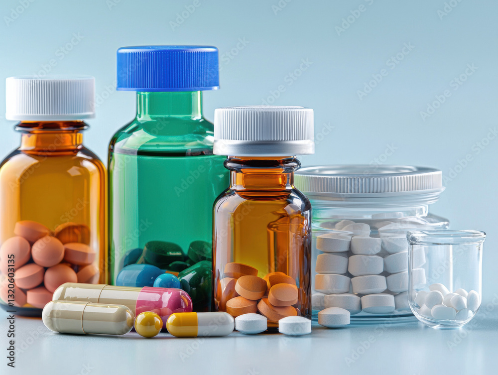A collection of colorful pills and bottles representing carcinogenic toxic substances in realistic photography display A collection of colorful pills and bottles representing carcinogenic toxic substances in realistic photography display