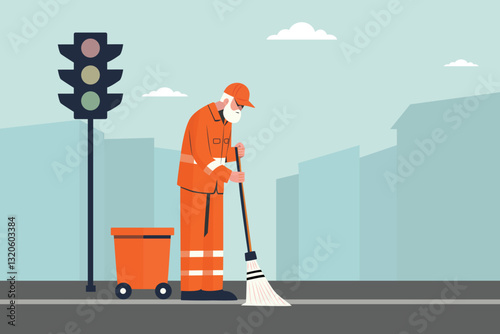 happy labor day theme, aged senior society, old elderly worker cleaning road,  mix feeling of sad, depressed, fear, economic crisis, bad income, pension, saving  