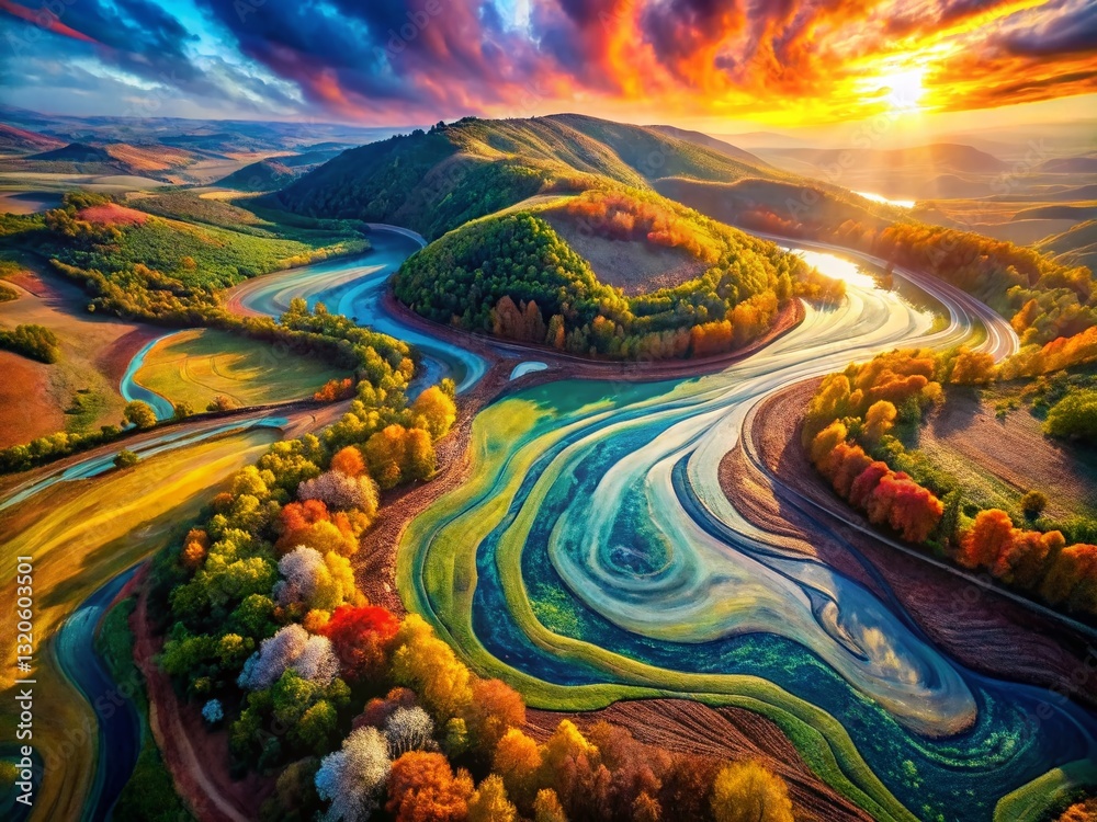 Aerial Drone View of Colorful Abstract Landscape, Painted Canvas Texture Background