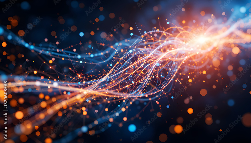 Obraz premium abstract digital artwork depicting the essence of data and information through a mesmerizing display of glowing light trails forming a dynamic flow against a dark blue backdrop
