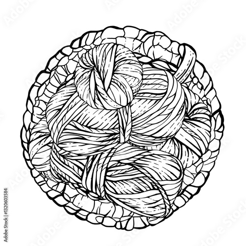 Skeins of knitting thread, ball of yarn in crocheted wicker basket. Vector black line art hand drawn illustration. Hobby knitting clipart. Logo, sticker, label for handicraft isolated from background