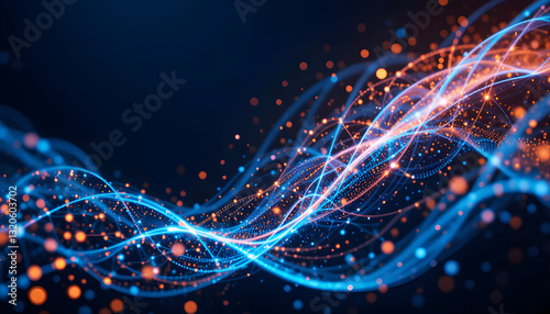 A visually stunning stock photo featuring a dynamic, abstract representation of data flow through a network of glowing particles 