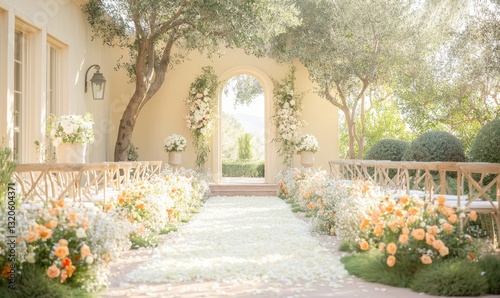 Serene outdoor wedding elegant floral setup for a joyful celebration