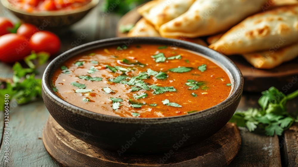 Spicy tomato soup garnished with cilantro, served with pastries Spicy tomato soup garnished with cilantro, served with pastries