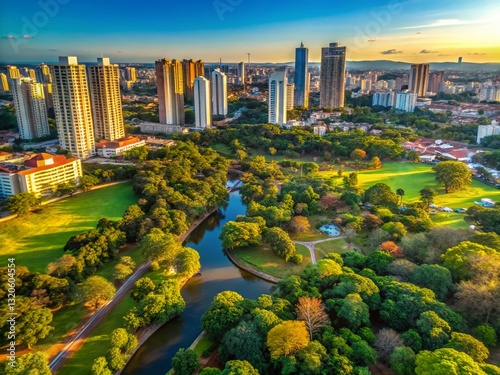 Aerial Drone View of Vaca Brava Park, Goiania, Goias, Brazil: Lush Green Landscape & Cityscape
