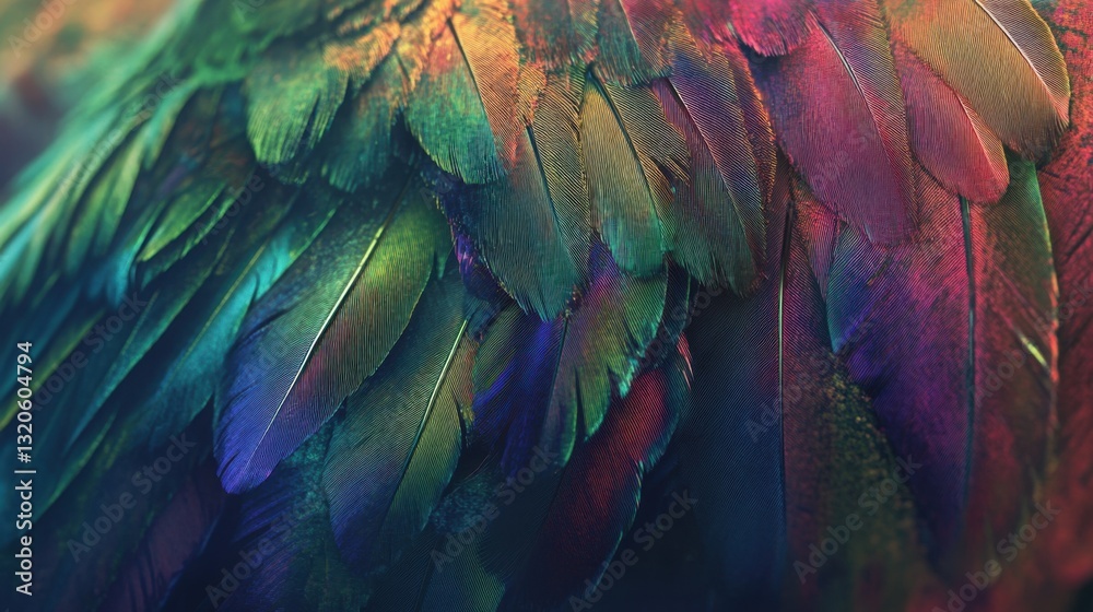 Fototapeta premium Soft and silky parrot wing feathers in macro, highlighting texture and rich color variation