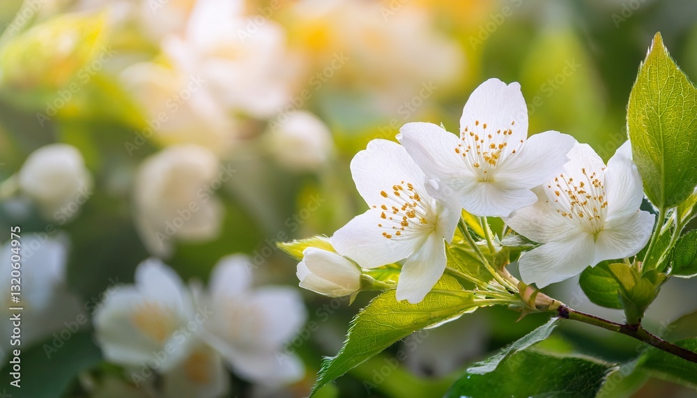 Fototapeta premium Spring Blossoms in Sunlight with Fresh Green Leaves and a Soft Natural Background