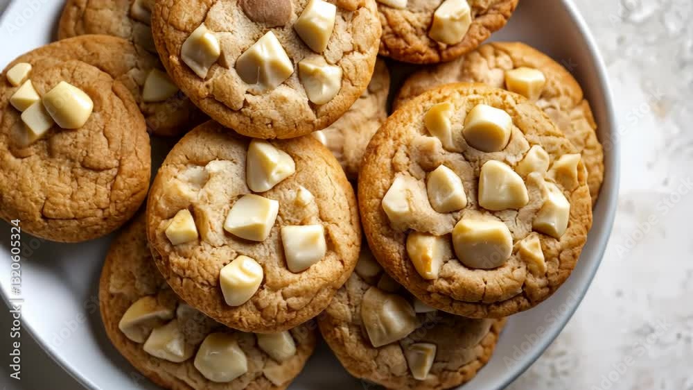 Freshly baked cookies with white chocolate chunks arranged on a decorative plate in a cozy kitchen setting Freshly baked cookies with white chocolate chunks arranged on a decorative plate in a cozy kitchen setting