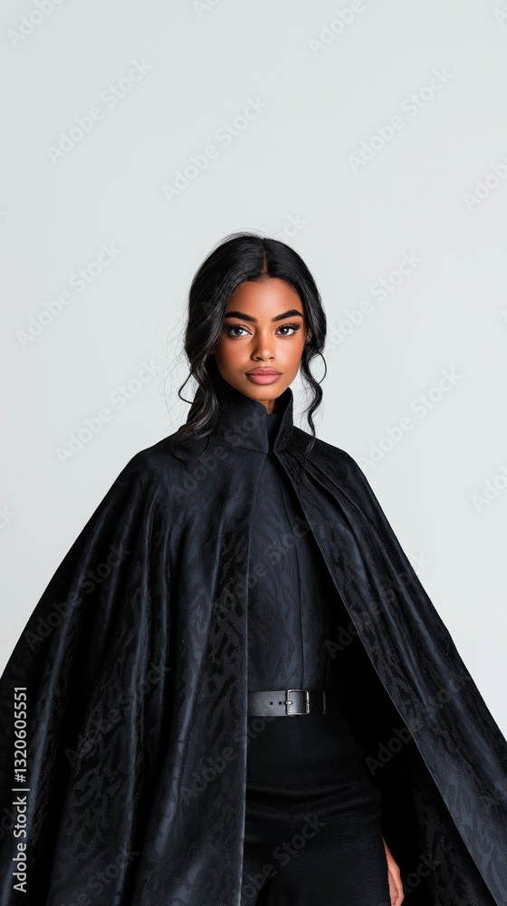 Fototapeta premium Mysterious black female magician wearing a cape poses with a captivating look against a white background