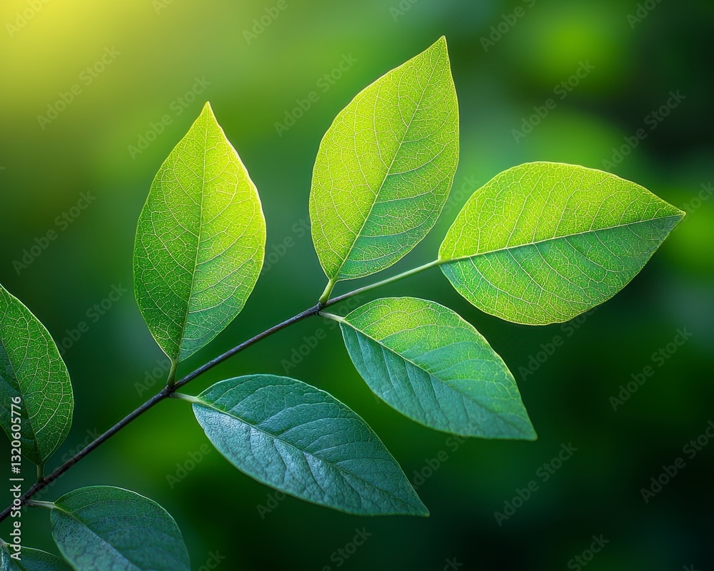 Naklejka premium Within the serene embrace of verdant foliage, a tender branch extends, adorned with leaves glistening like emerald jewels under a gentle, golden cascade of sunlight Each leaf, a miniature masterpiece