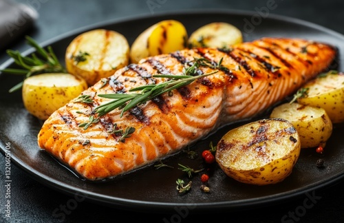 Baked salmon steak with apple, rosemary, and potato on dark background